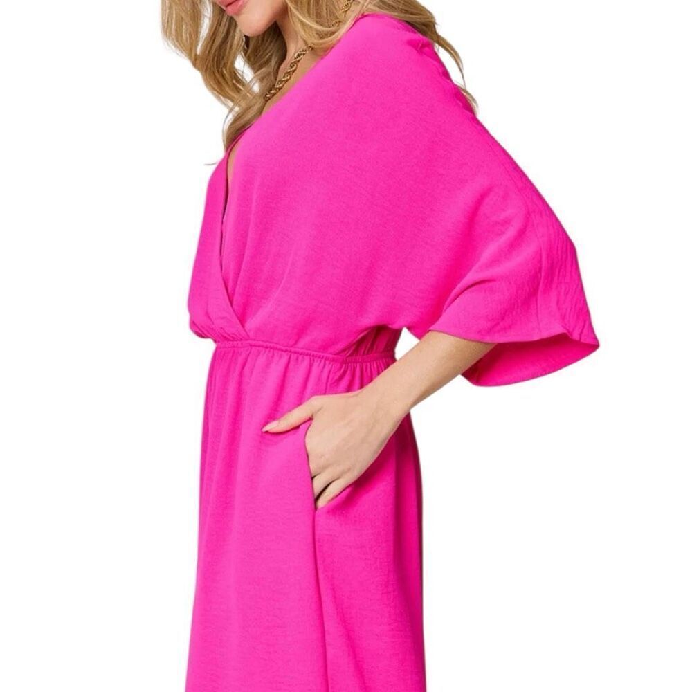 Hot Pink Surplice Wide Leg Dolman Sleeve Jumpsuit with Pockets NWT - Picture 6 of 14